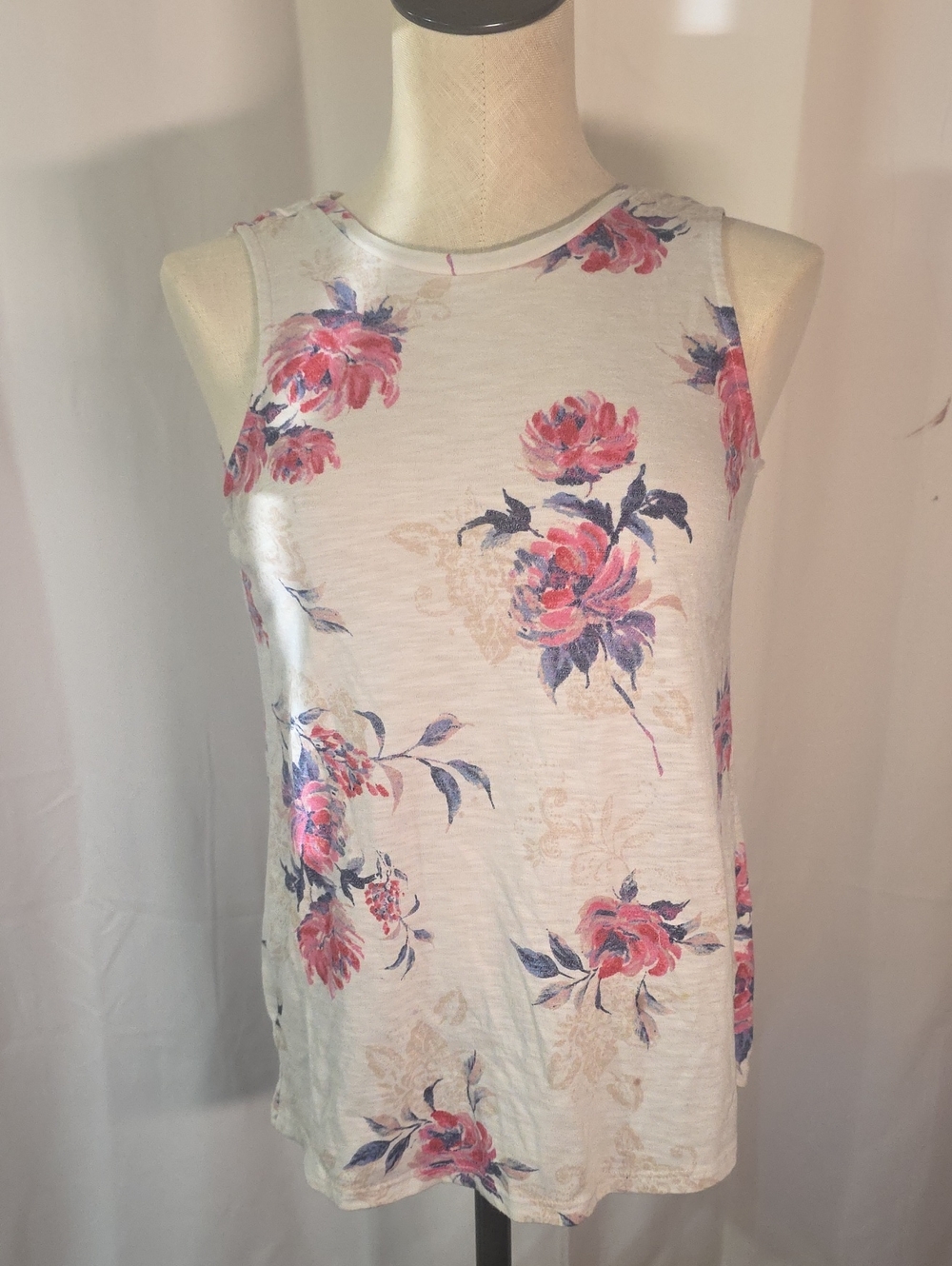 Maurices Cream Tank Top with Pink & Navy Floral Print
